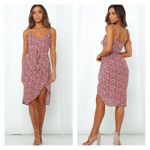 Hello Molly 'Hit the Button' Midi Red Floral Dress Size XS Wine Tie Straps Boho